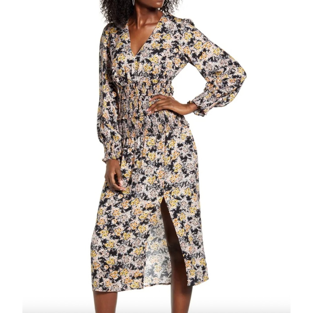AFRM Hazel Dress Womens Large Smocked Floral Print Side Slit Long Sleeve Midi